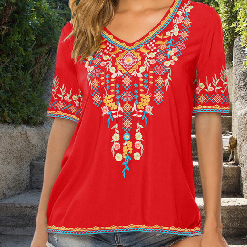 Maglietta da donna in cotone con scollo a V e maniche corte, motivo floreale con ricamo Buddha Stones