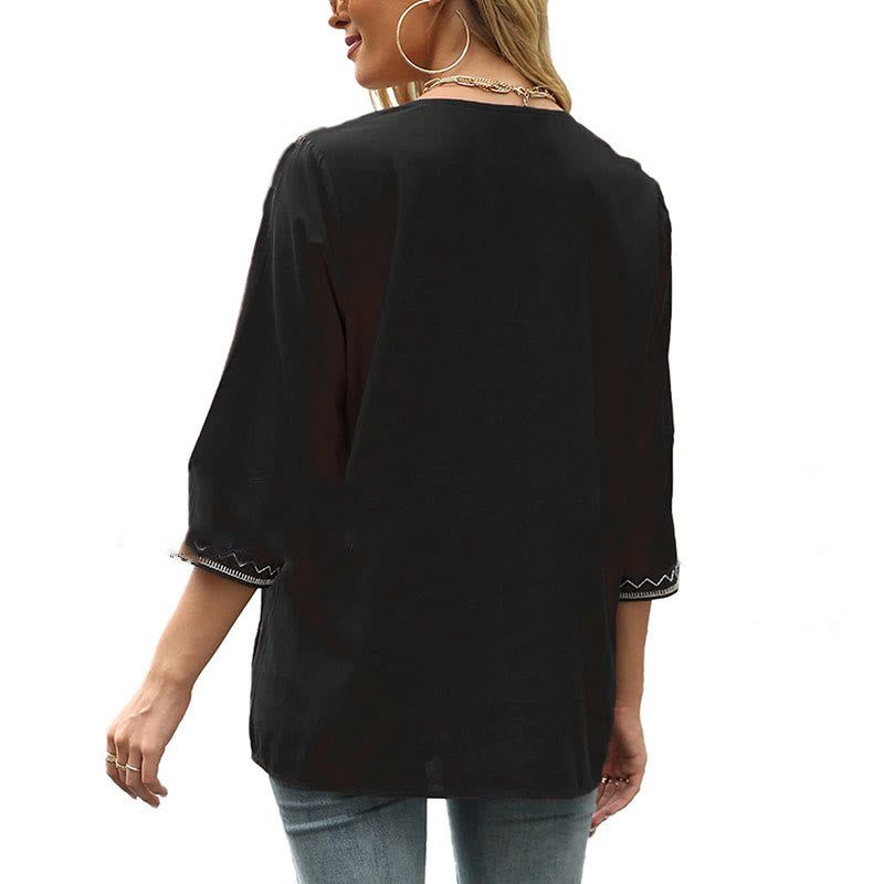 Buddha Stones Primavera Casual Semplice Ricamo Motivo Floreale Design Maniche Tre Quarti Scollo a V Cotone T-Shirt da Donna