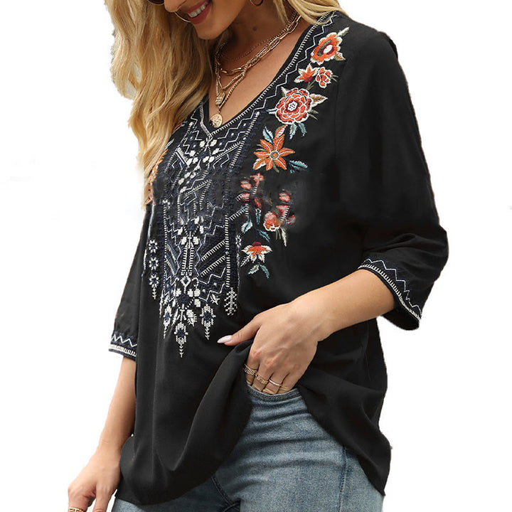 T-shirt da donna con maniche a tre quarti e scollo a V, stampa floreale e ricamo, ideale per la primavera, con motivo Buddha Stones. - image 11
