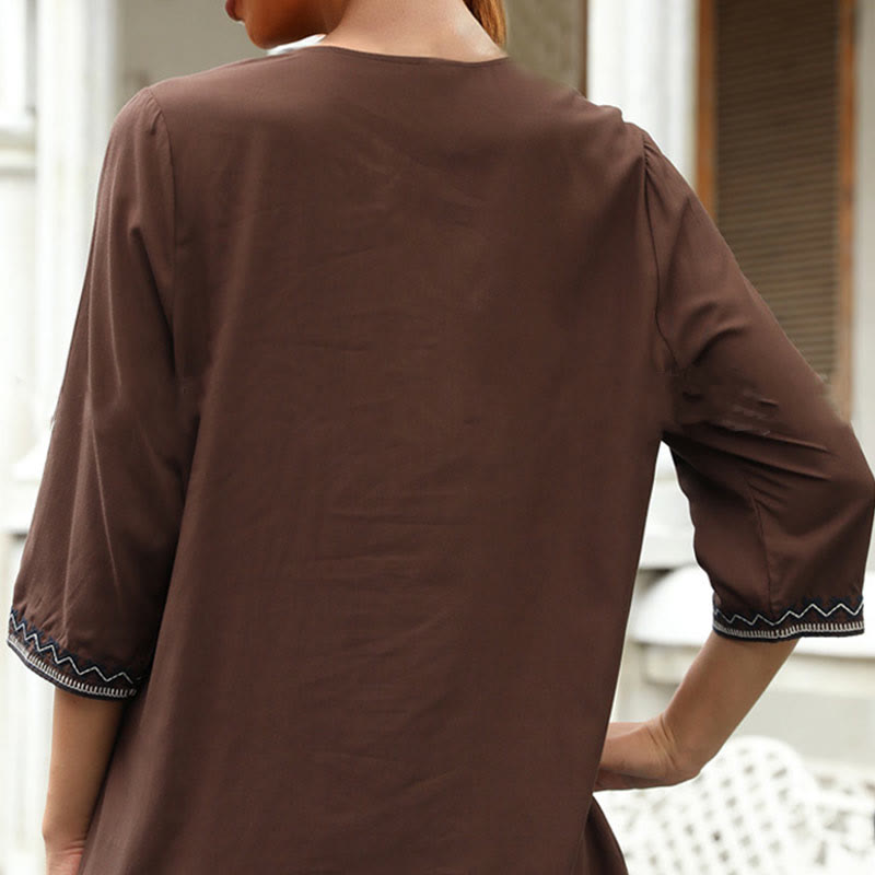 Buddha Stones Primavera Casual Semplice Ricamo Motivo Floreale Design Maniche Tre Quarti Scollo a V Cotone T-Shirt da Donna