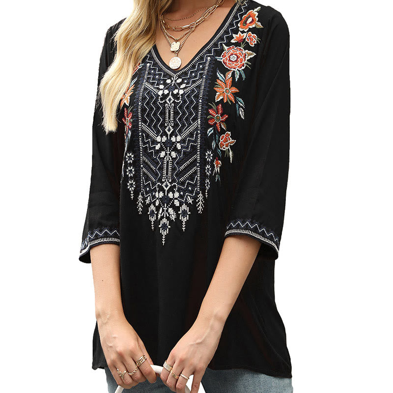 T-shirt da donna con maniche a tre quarti e scollo a V, stampa floreale e ricamo, ideale per la primavera, con motivo Buddha Stones. - Nero - US12, UK/AU16, EU44 (3XL) - image 7