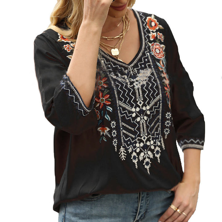 T-shirt da donna con maniche a tre quarti e scollo a V, stampa floreale e ricamo, ideale per la primavera, con motivo Buddha Stones. - image 13