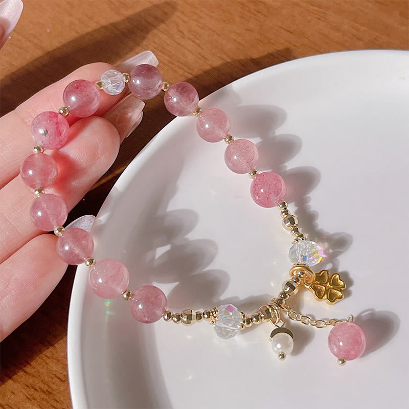 Braccialetto curativo con quadrifoglio e quarzo fragola naturale Buddha Stones
