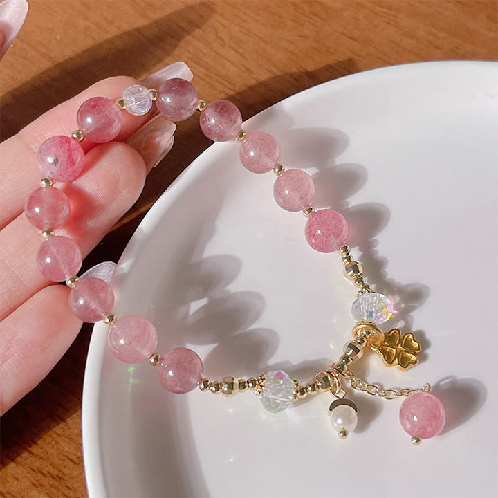 Braccialetto curativo con quadrifoglio e quarzo fragola naturale Buddha Stones