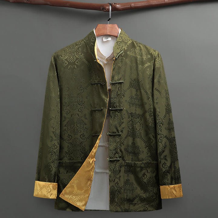 Buddha Stones Uomo Rana-Bottone Tang Suit Koi Fish Pattern Giacca Manica Lunga Camicia Con Tasche