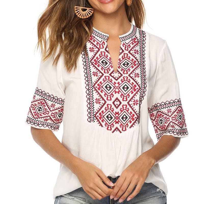 Buddha Stones Summer Boho Ricamo Motivo Floreale Mezza Manica Scollo a V Cotone T-Shirt da Donna - FlorealeBianco - US14, UK/AU18, EU46 (4XL) - image 8