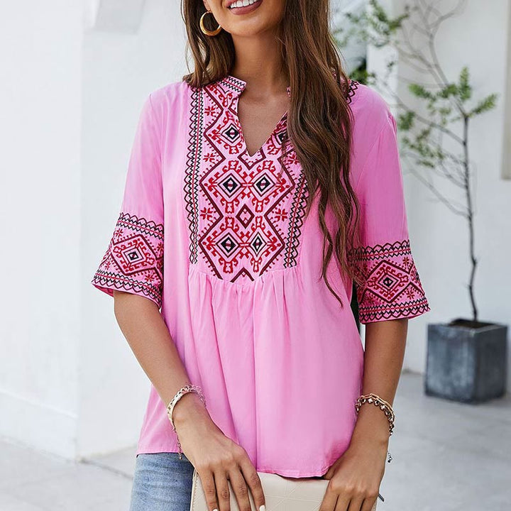 Buddha Stones Summer Boho Ricamo Motivo Floreale Mezza Manica Scollo a V Cotone T-Shirt da Donna