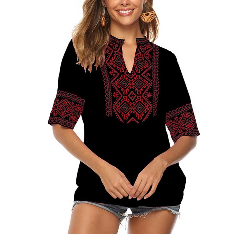 Buddha Stones Summer Boho Ricamo Motivo Floreale Mezza Manica Scollo a V Cotone T-Shirt da Donna - Nero - US14, UK/AU18, EU46 (4XL) - image 9