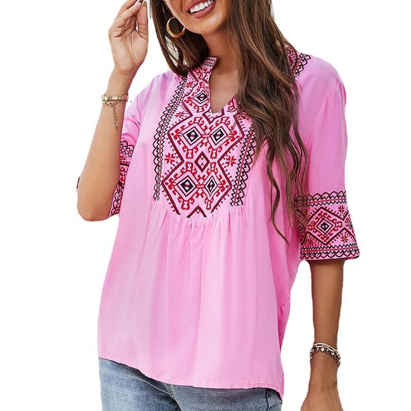 Buddha Stones Summer Boho Ricamo Motivo Floreale Mezza Manica Scollo a V Cotone T-Shirt da Donna - image 5