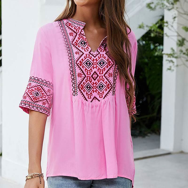 Buddha Stones Summer Boho Ricamo Motivo Floreale Mezza Manica Scollo a V Cotone T-Shirt da Donna - image 1