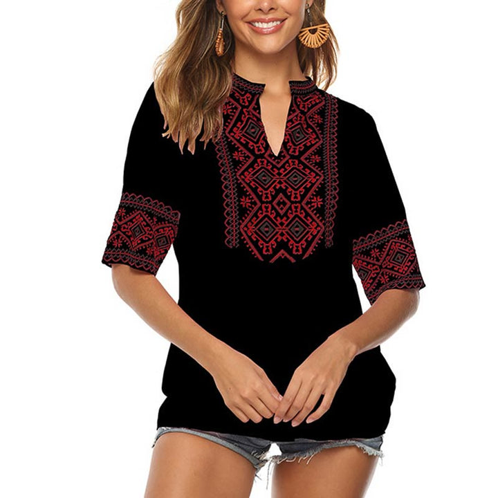 Buddha Stones Summer Boho Ricamo Motivo Floreale Mezza Manica Scollo a V Cotone T-Shirt da Donna