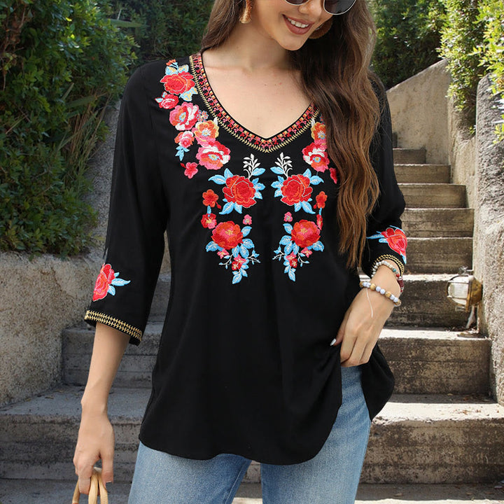 Buddha Stones Nero Casual Ricamo Rosa Modello Tre Quarti Manica Girocollo Cotone T-shirt Donna - image 4