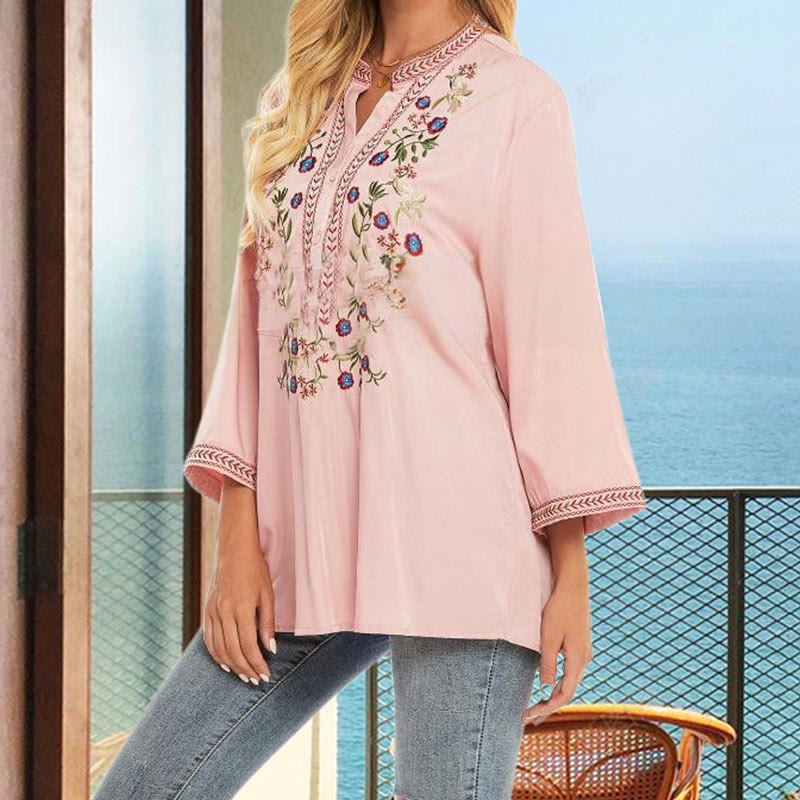 Maglietta da donna in cotone a maniche lunghe con scollo a V e ricamo a fiori di colore puro Buddha Stones