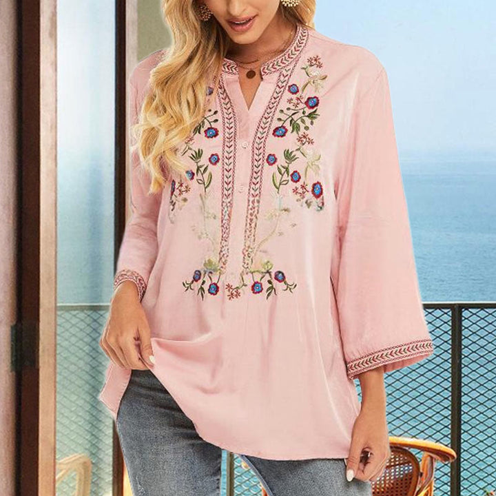 Maglietta da donna in cotone a maniche lunghe con scollo a V e ricamo a fiori di colore puro Buddha Stones