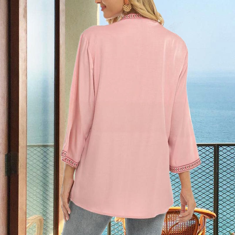 Maglietta da donna in cotone a maniche lunghe con scollo a V e ricamo a fiori di colore puro Buddha Stones