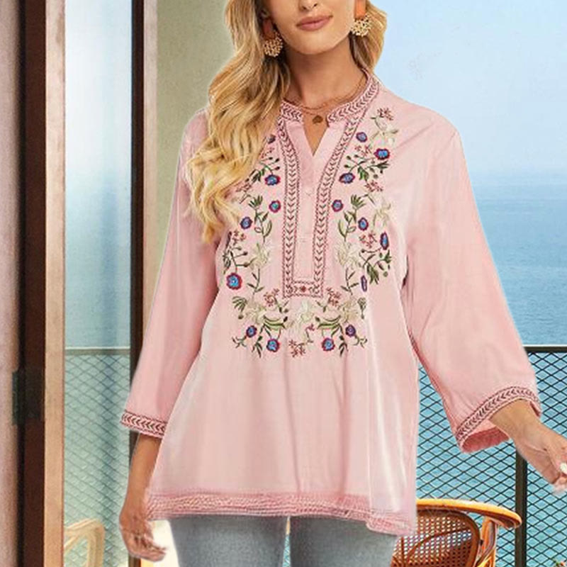 Maglietta da donna in cotone a maniche lunghe con scollo a V e ricamo a fiori di colore puro Buddha Stones