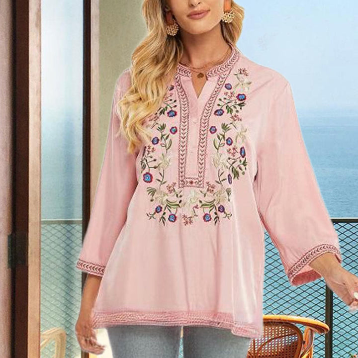 Maglietta da donna in cotone a maniche lunghe con scollo a V e ricamo a fiori di colore puro Buddha Stones