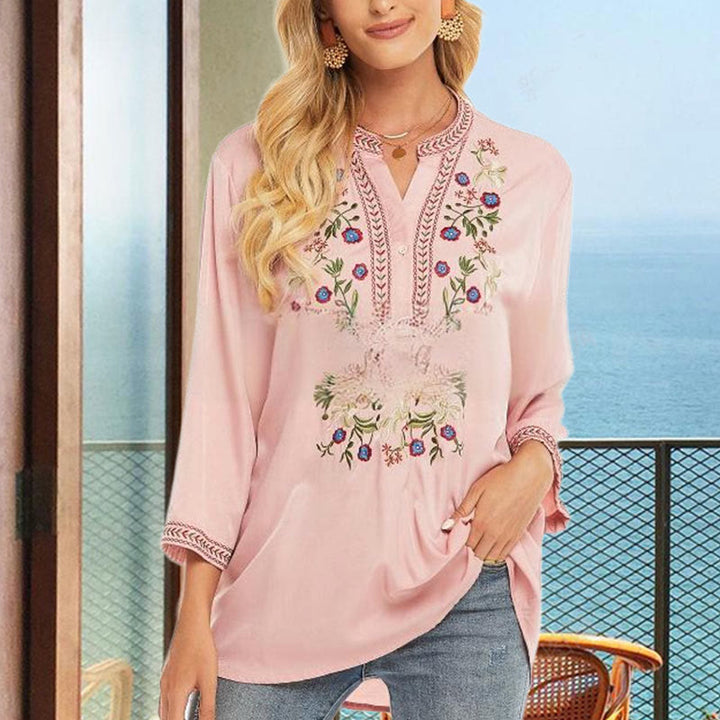 Maglietta da donna in cotone a maniche lunghe con scollo a V e ricamo a fiori di colore puro Buddha Stones