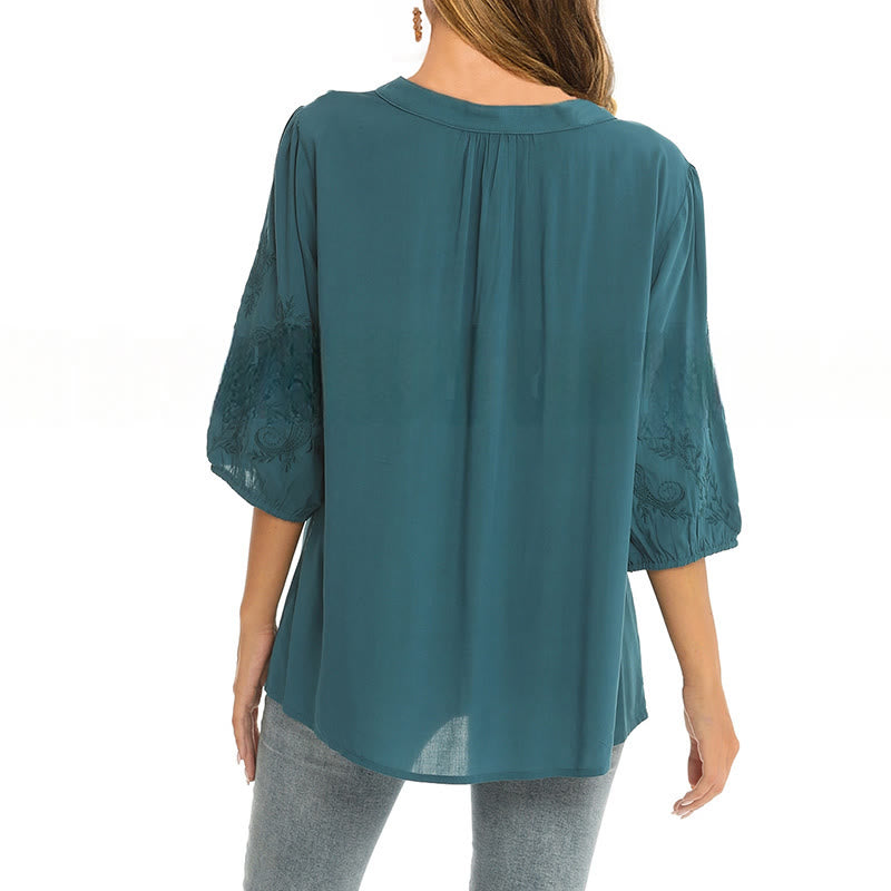 Buddha Stones Casual Tinta Unita Ricamo Fiore Manica Tre Quarti Scollo a V Cotone T-Shirt da Donna
