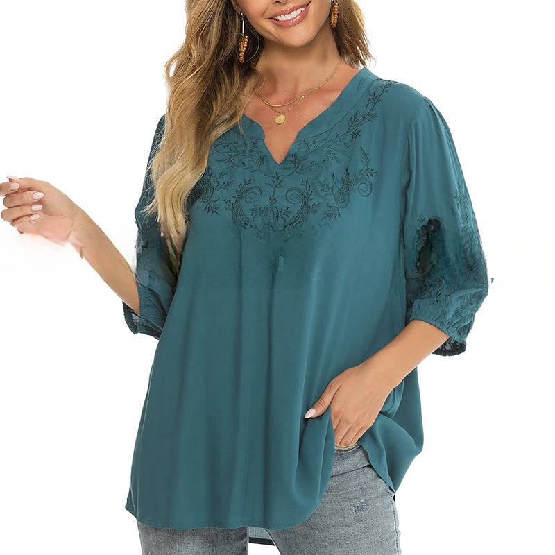 Buddha Stones Casual Tinta Unita Ricamo Fiore Manica Tre Quarti Scollo a V Cotone T-Shirt da Donna