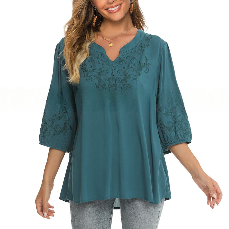 Buddha Stones Casual Tinta Unita Ricamo Fiore Manica Tre Quarti Scollo a V Cotone T-Shirt da Donna