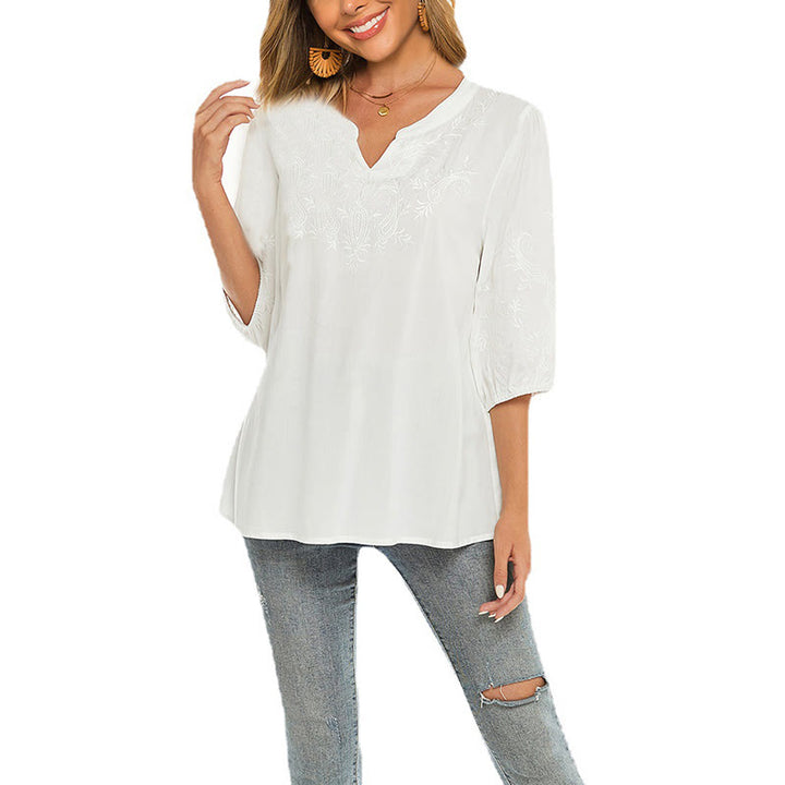 Buddha Stones Casual Tinta Unita Ricamo Fiore Manica Tre Quarti Scollo a V Cotone T-Shirt da Donna