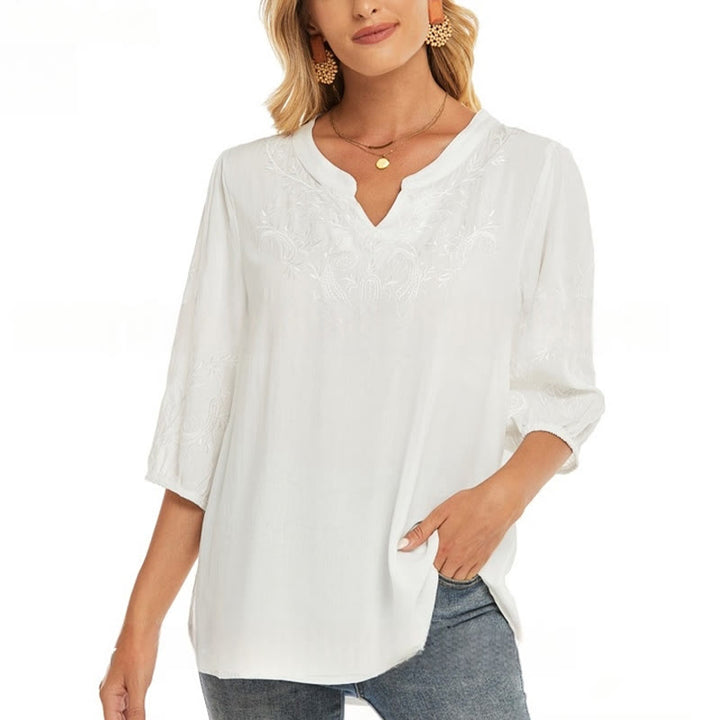 Buddha Stones Casual Tinta Unita Ricamo Fiore Manica Tre Quarti Scollo a V Cotone T-Shirt da Donna
