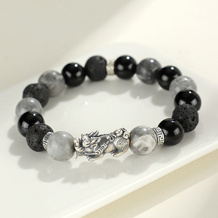 Braccialetto di protezione Buddha Stones 999 Sterling Silver PiXiu Onice nero Diaspro grigio Lava Rock