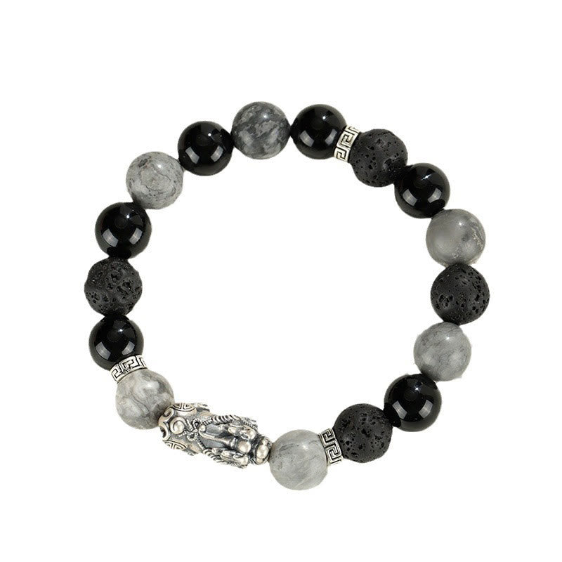Braccialetto di protezione Buddha Stones 999 Sterling Silver PiXiu Onice nero Diaspro grigio Lava Rock