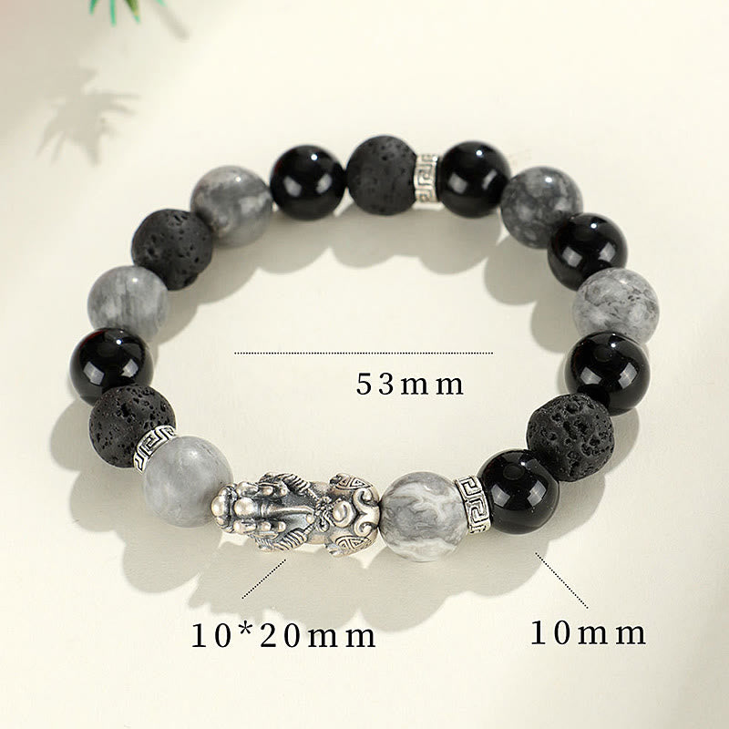 Braccialetto di protezione Buddha Stones 999 Sterling Silver PiXiu Onice nero Diaspro grigio Lava Rock