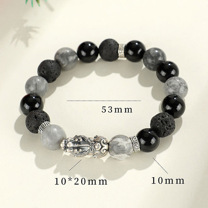 Braccialetto di protezione Buddha Stones 999 Sterling Silver PiXiu Onice nero Diaspro grigio Lava Rock