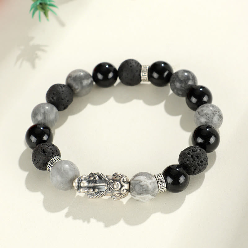Braccialetto di protezione Buddha Stones 999 Sterling Silver PiXiu Onice nero Diaspro grigio Lava Rock