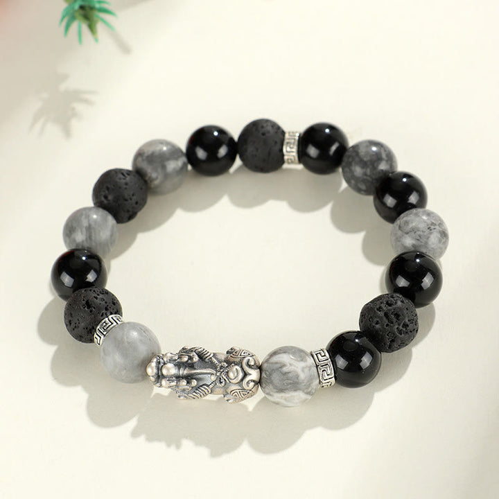 Braccialetto di protezione Buddha Stones 999 Sterling Silver PiXiu Onice nero Diaspro grigio Lava Rock