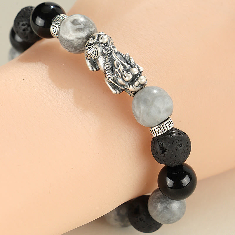 Braccialetto di protezione Buddha Stones 999 Sterling Silver PiXiu Onice nero Diaspro grigio Lava Rock