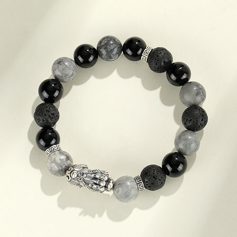 Braccialetto di protezione Buddha Stones 999 Sterling Silver PiXiu Onice nero Diaspro grigio Lava Rock