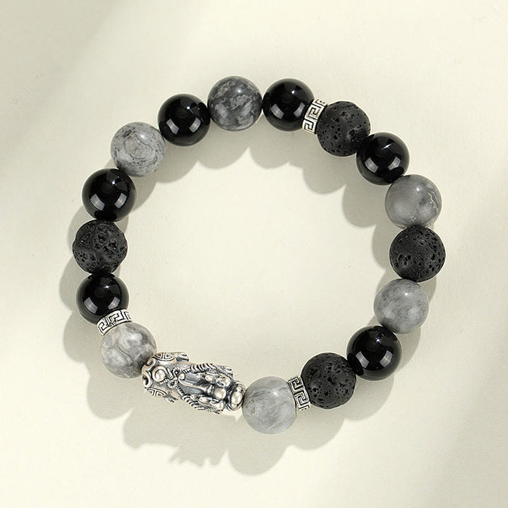 Braccialetto di protezione Buddha Stones 999 Sterling Silver PiXiu Onice nero Diaspro grigio Lava Rock