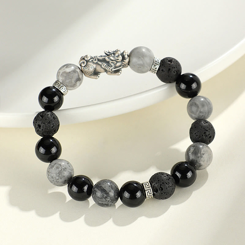 Braccialetto di protezione Buddha Stones 999 Sterling Silver PiXiu Onice nero Diaspro grigio Lava Rock