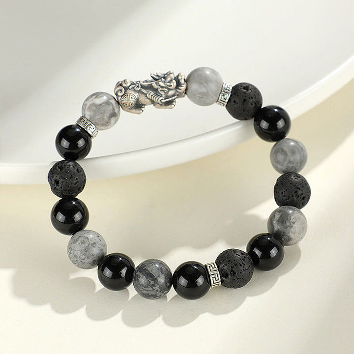 Braccialetto di protezione Buddha Stones 999 Sterling Silver PiXiu Onice nero Diaspro grigio Lava Rock