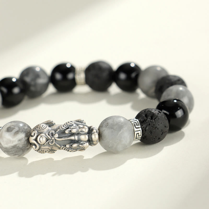 Braccialetto di protezione Buddha Stones 999 Sterling Silver PiXiu Onice nero Diaspro grigio Lava Rock
