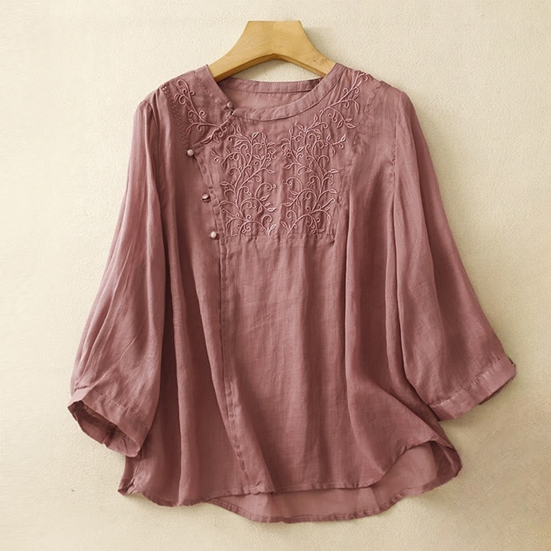 Camicia da donna in cotone e lino con colletto obliquo, manica lunga, ricamo a bottone con rana , Buddha Stones - Rosso Indiano - US8-10, UK/AU12-14, EU40-42 (2XL) - image 0
