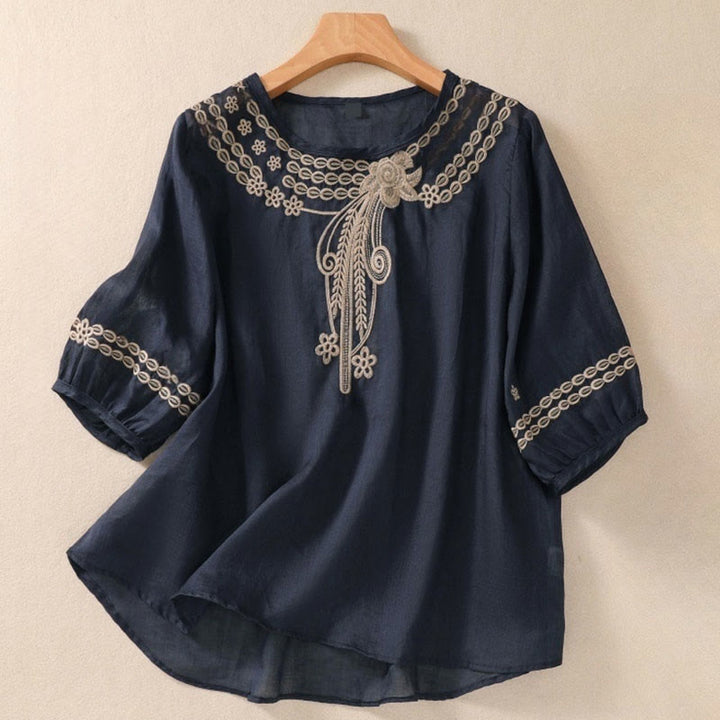 Buddha Stones Artistic Plain Floral Ricamato Design Girocollo Manica Corta a Sbuffo Cotone Lino T-shirt da Donna