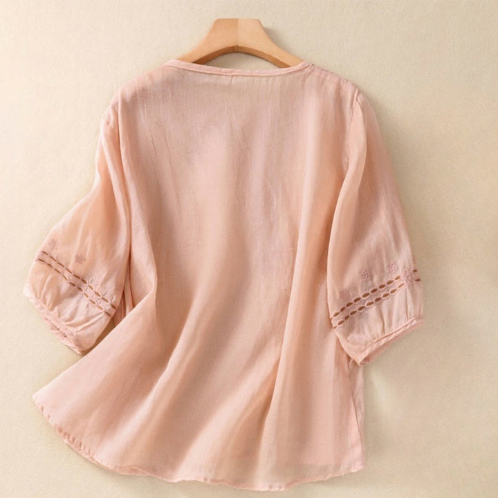 Buddha Stones Artistic Plain Floral Ricamato Design Girocollo Manica Corta a Sbuffo Cotone Lino T-shirt da Donna - Rosa Nebbiosa - US8-10, UK/AU12-14, EU40-42 (2XL) - image 5