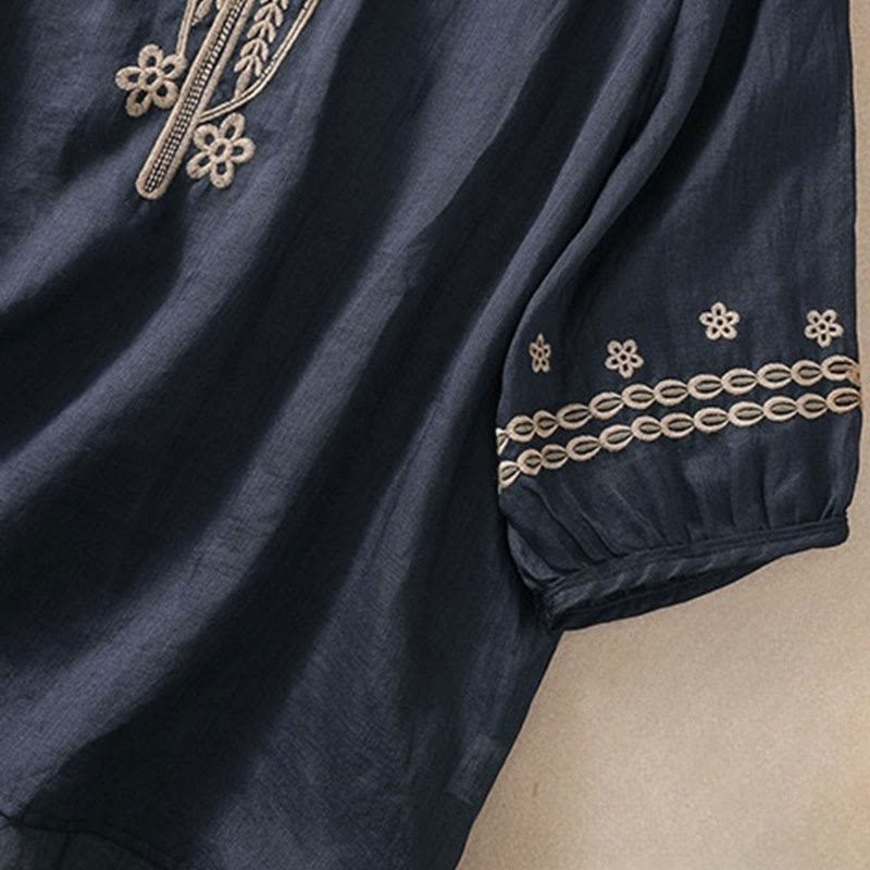 Buddha Stones Artistic Plain Floral Ricamato Design Girocollo Manica Corta a Sbuffo Cotone Lino T-shirt da Donna - image 3