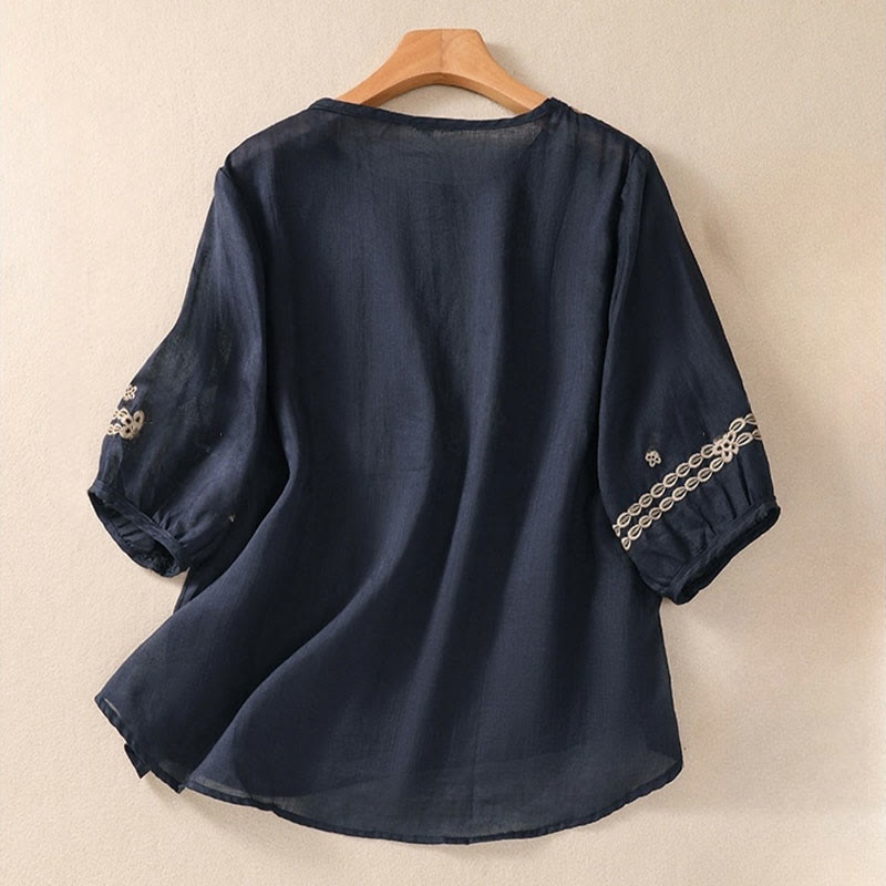 Buddha Stones Artistic Plain Floral Ricamato Design Girocollo Manica Corta a Sbuffo Cotone Lino T-shirt da Donna - image 1