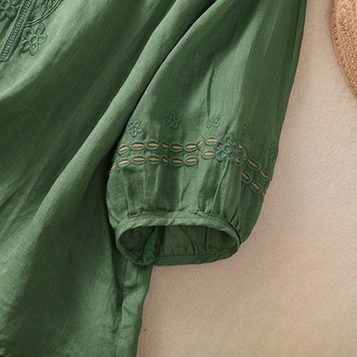 Buddha Stones Artistic Plain Floral Ricamato Design Girocollo Manica Corta a Sbuffo Cotone Lino T-shirt da Donna - image 23