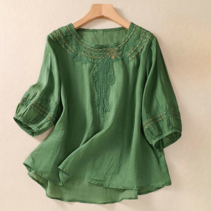 Buddha Stones Artistic Plain Floral Ricamato Design Girocollo Manica Corta a Sbuffo Cotone Lino T-shirt da Donna