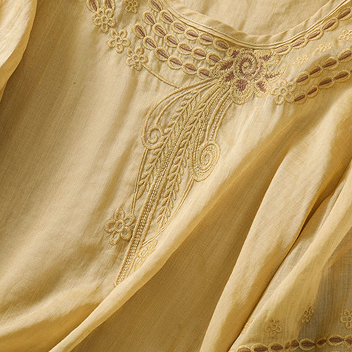 Buddha Stones Artistic Plain Floral Ricamato Design Girocollo Manica Corta a Sbuffo Cotone Lino T-shirt da Donna - image 15