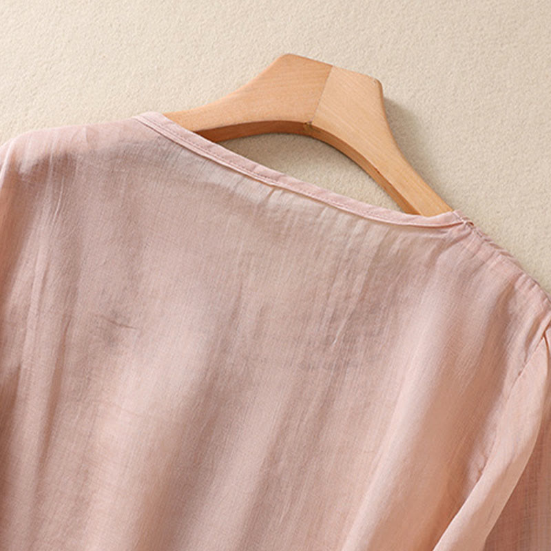 Buddha Stones Artistic Plain Floral Ricamato Design Girocollo Manica Corta a Sbuffo Cotone Lino T-shirt da Donna - image 8