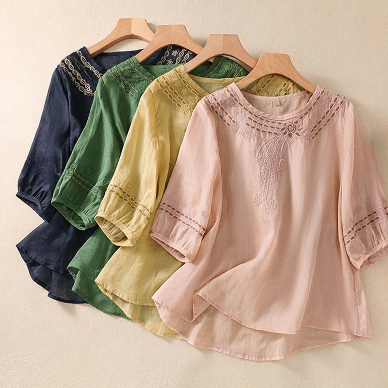 Buddha Stones Artistic Plain Floral Ricamato Design Girocollo Manica Corta a Sbuffo Cotone Lino T-shirt da Donna - image 25