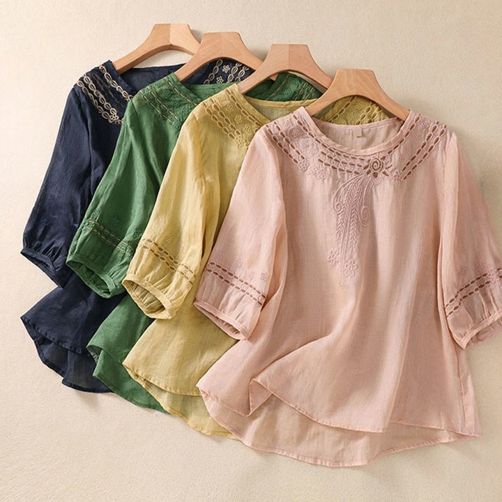 Buddha Stones Artistic Plain Floral Ricamato Design Girocollo Manica Corta a Sbuffo Cotone Lino T-shirt da Donna - image 25